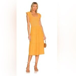 Nation LTD cotton Josie square neck smocked tiered mustard midi cap sleeve dress